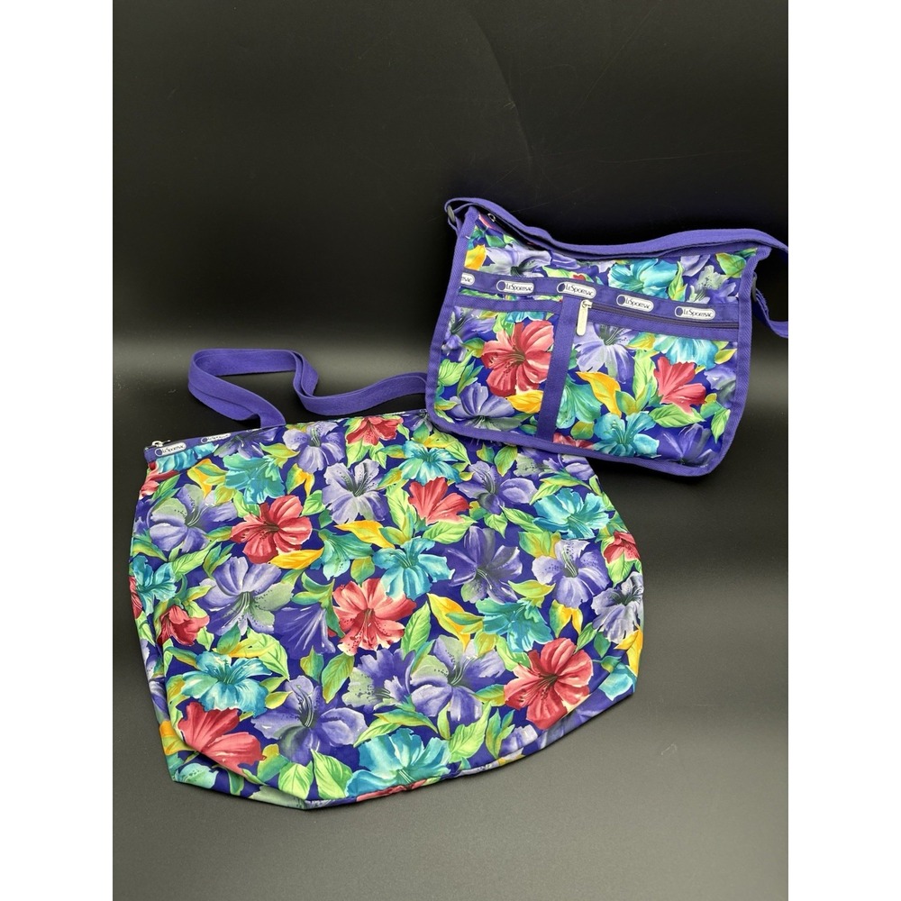 Lesportsac Set/2 Everyday Shoulder Bag Crossbody+Large Tote Purple Flowers Beach